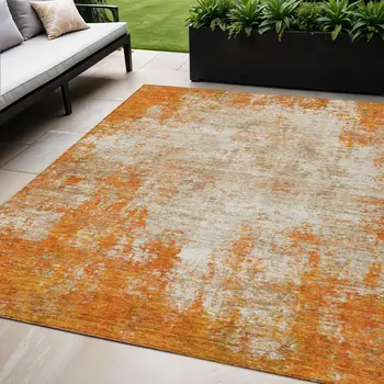 5' X 8' Orange And Ivory Abstract Washable Indoor Outdoor Area Rug