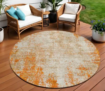 8' Orange And Ivory Round Abstract Washable Indoor Outdoor Area Rug