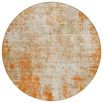 8' Orange And Ivory Round Abstract Washable Indoor Outdoor Area Rug