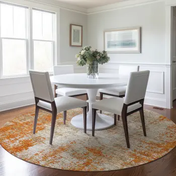 8' Orange And Ivory Round Abstract Washable Indoor Outdoor Area Rug