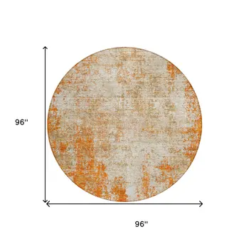 8' Orange And Ivory Round Abstract Washable Indoor Outdoor Area Rug