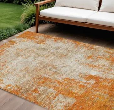 8' X 10' Orange And Ivory Abstract Washable Indoor Outdoor Area Rug