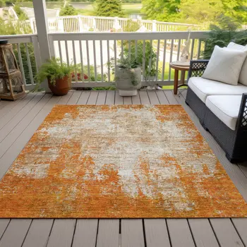 9' X 12' Orange And Ivory Abstract Washable Indoor Outdoor Area Rug