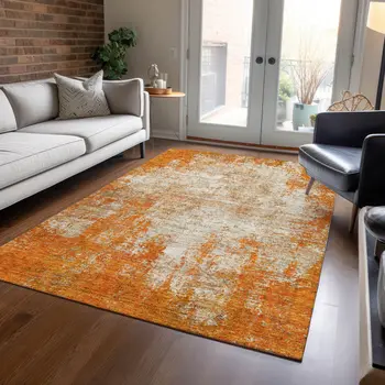 9' X 12' Orange And Ivory Abstract Washable Indoor Outdoor Area Rug