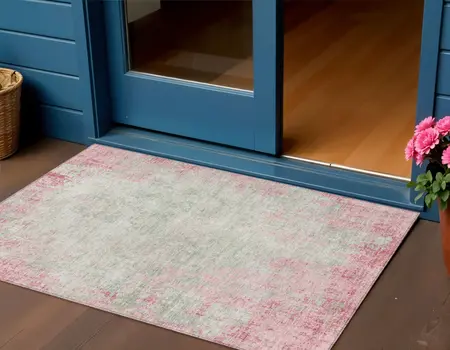 3' X 5' Pink And Ivory Abstract Washable Indoor Outdoor Area Rug