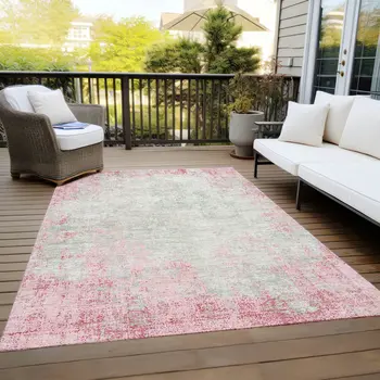 5' X 8' Pink And Ivory Abstract Washable Indoor Outdoor Area Rug