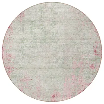 8' Pink And Ivory Round Abstract Washable Indoor Outdoor Area Rug