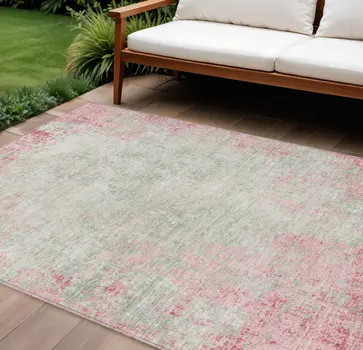 10' X 14' Pink And Ivory Abstract Washable Indoor Outdoor Area Rug