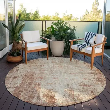 8' Orange And Beige Round Abstract Washable Indoor Outdoor Area Rug