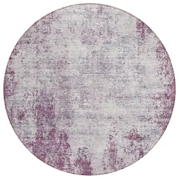 8' Plum And Ivory Round Abstract Washable Indoor Outdoor Area Rug