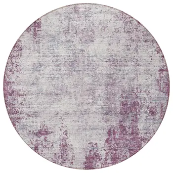 8' Plum And Ivory Round Abstract Washable Indoor Outdoor Area Rug