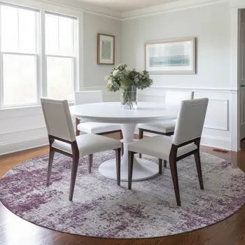8' Plum And Ivory Round Abstract Washable Indoor Outdoor Area Rug