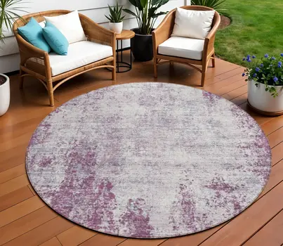 8' Plum And Ivory Round Abstract Washable Indoor Outdoor Area Rug