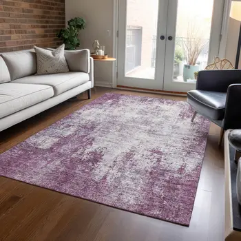 9' X 12' Plum And Ivory Abstract Washable Indoor Outdoor Area Rug