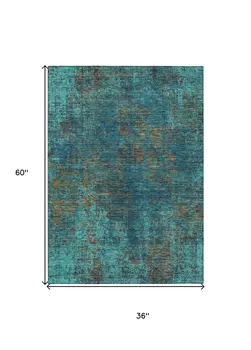 3' X 5' Teal Blue Navy Blue And Brown Abstract Washable Indoor Outdoor Area Rug