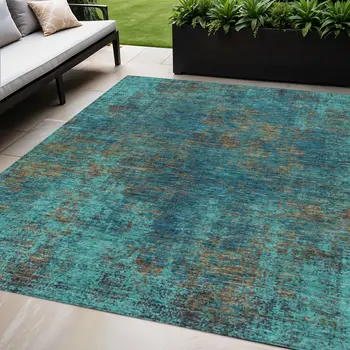 5' X 8' Teal Blue Navy Blue And Brown Abstract Washable Indoor Outdoor Area Rug