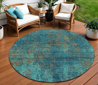 8' Teal Blue Navy Blue And Brown Round Abstract Washable Indoor Outdoor Area Rug