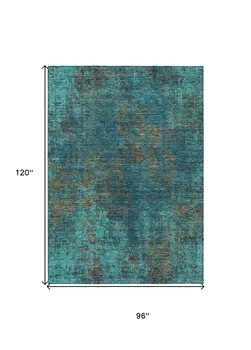 8' X 10' Teal Blue Navy Blue And Brown Abstract Washable Indoor Outdoor Area Rug