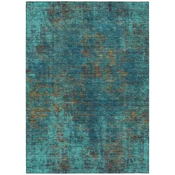 8' X 10' Teal Blue Navy Blue And Brown Abstract Washable Indoor Outdoor Area Rug