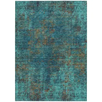 8' X 10' Teal Blue Navy Blue And Brown Abstract Washable Indoor Outdoor Area Rug