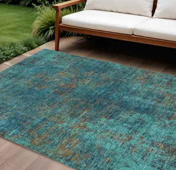 10' X 14' Teal Blue Navy Blue And Brown Abstract Washable Indoor Outdoor Area Rug
