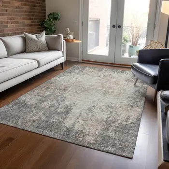 9' X 12' Taupe And Ivory Abstract Washable Indoor Outdoor Area Rug