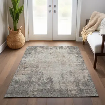 9' X 12' Taupe And Ivory Abstract Washable Indoor Outdoor Area Rug