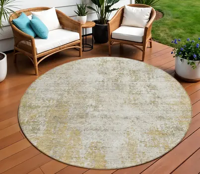 8' Wheat And Ivory Round Abstract Washable Indoor Outdoor Area Rug