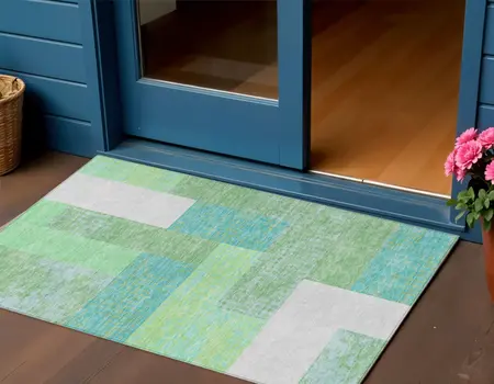 3' X 5' Sage Mint Green Teal Blue And Ivory Geometric Washable Indoor Outdoor Area Rug