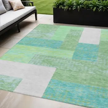 5' X 8' Sage Mint Green Teal Blue And Ivory Geometric Washable Indoor Outdoor Area Rug