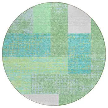 8' Sage Mint Green Teal Blue And Ivory Round Geometric Washable Indoor Outdoor Area Rug