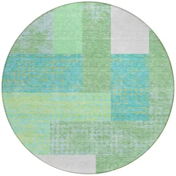 8' Sage Mint Green Teal Blue And Ivory Round Geometric Washable Indoor Outdoor Area Rug