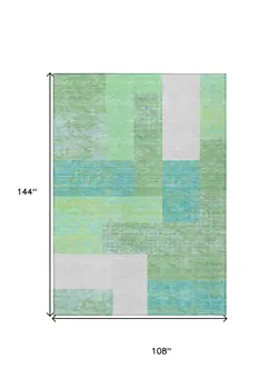 9' X 12' Sage Mint Green Teal Blue And Ivory Geometric Washable Indoor Outdoor Area Rug