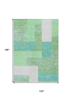 10' X 14' Sage Mint Green Teal Blue And Ivory Geometric Washable Indoor Outdoor Area Rug