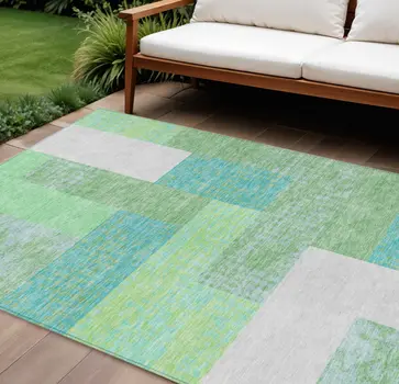 10' X 14' Sage Mint Green Teal Blue And Ivory Geometric Washable Indoor Outdoor Area Rug