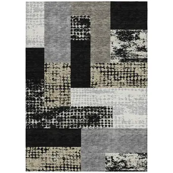5' X 8' Black Taupe And Ivory Geometric Washable Indoor Outdoor Area Rug