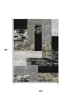 5' X 8' Black Taupe And Ivory Geometric Washable Indoor Outdoor Area Rug