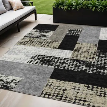 5' X 8' Black Taupe And Ivory Geometric Washable Indoor Outdoor Area Rug