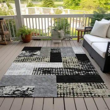 5' X 8' Black Taupe And Ivory Geometric Washable Indoor Outdoor Area Rug