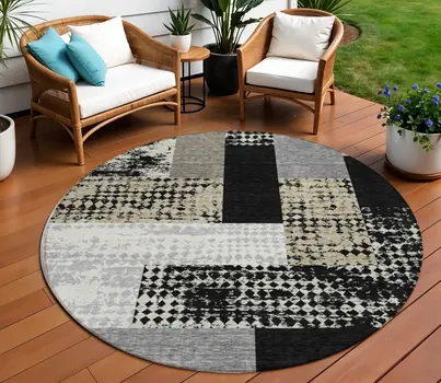 8' Black Taupe And Ivory Round Geometric Washable Indoor Outdoor Area Rug