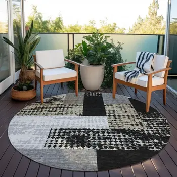 8' Black Taupe And Ivory Round Geometric Washable Indoor Outdoor Area Rug