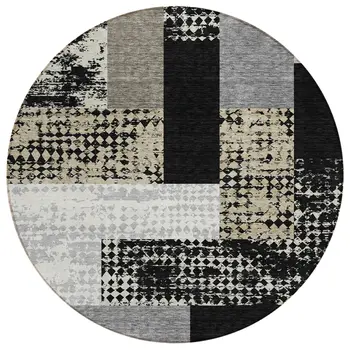 8' Black Taupe And Ivory Round Geometric Washable Indoor Outdoor Area Rug