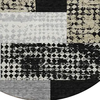 8' Black Taupe And Ivory Round Geometric Washable Indoor Outdoor Area Rug