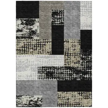 8' X 10' Black Taupe And Ivory Geometric Washable Indoor Outdoor Area Rug