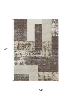 3' X 5' Brown Beige And Ivory Geometric Washable Indoor Outdoor Area Rug