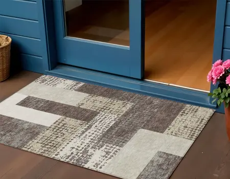 3' X 5' Brown Beige And Ivory Geometric Washable Indoor Outdoor Area Rug
