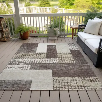 3' X 5' Brown Beige And Ivory Geometric Washable Indoor Outdoor Area Rug
