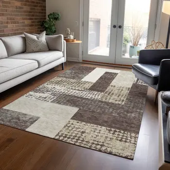 3' X 5' Brown Beige And Ivory Geometric Washable Indoor Outdoor Area Rug