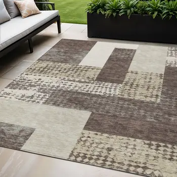 5' X 8' Brown Beige And Ivory Geometric Washable Indoor Outdoor Area Rug