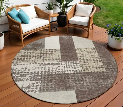 8' Brown Beige And Ivory Round Geometric Washable Indoor Outdoor Area Rug